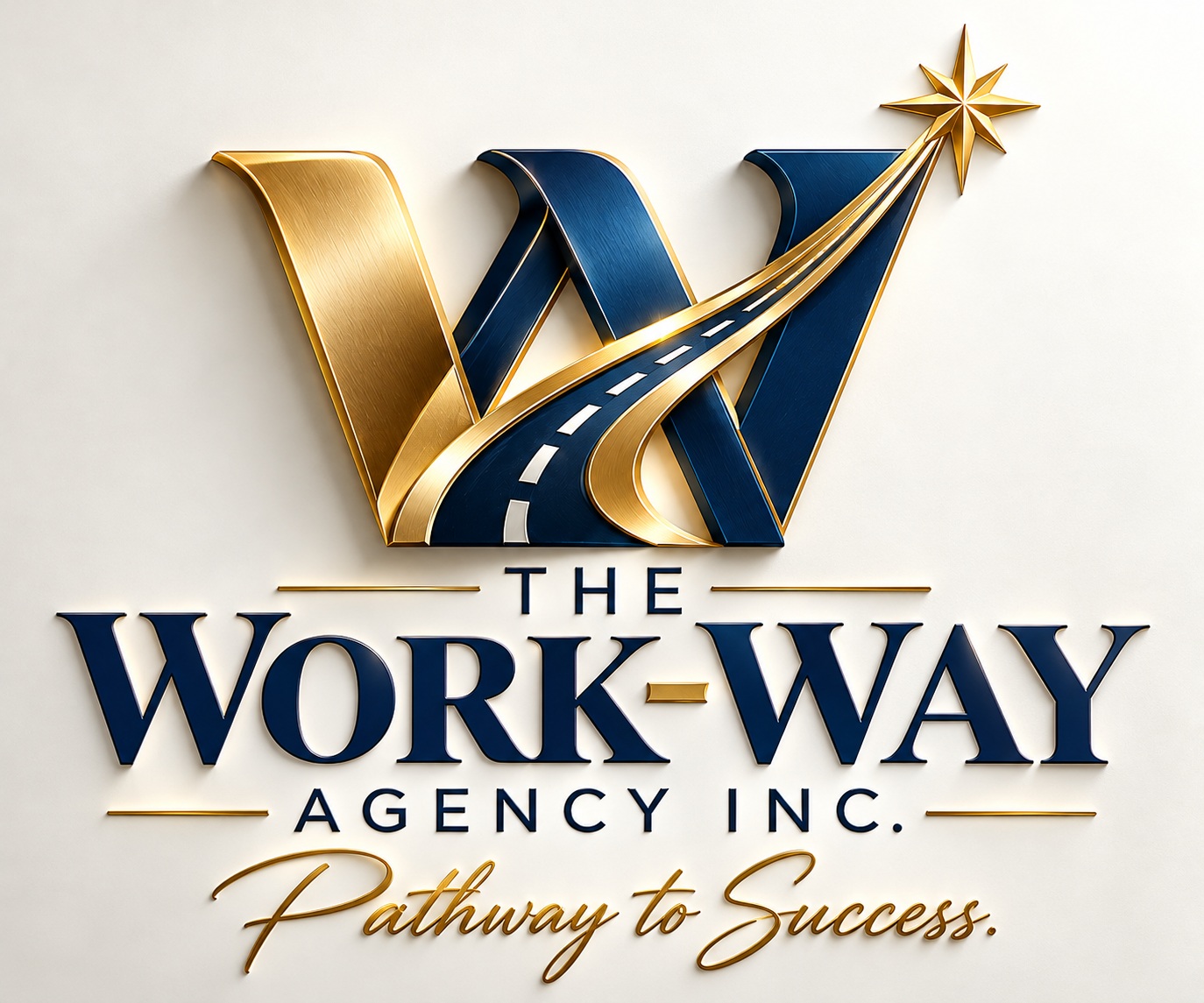 The Work-Way Agency Inc. official navy and gold W, pathway and star logo with Pathway to Success tagline